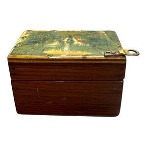 Vintage AT 1994 Wooden Hinged Box Sailboat Rustic Painted Lid Mirror Interior